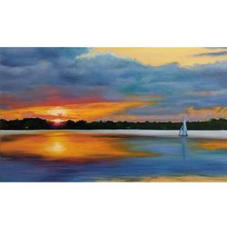 michigan painting original art sailboat wall art sunset art seascape artwork beautiful sky painting 12" by 19.5"