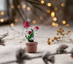 miniature mushrooms with fern in a pot, tiny amanita muscaria for fairy garden, mushroom decor, merry mushroom gift