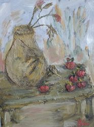 jug oil painting original art autumn apple handmade painting old tableware 9.5x7 inch