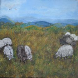 sheep oil painting sheep original art summer day wall art animals in the pasture meadow mountain landscape 30x30 inches