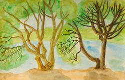 willow trees near water watercolor painting