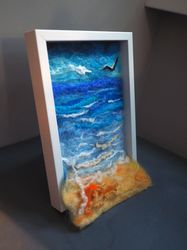 beach painting,seaside picture, needle felting,felted landscape, wet felting wool ,felting wool,felt picture,wall art