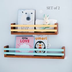 set of 2 natural wood wall bookshelves for kids room, nursery book shelf, kidsroom