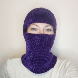 plush balaclava crochet purple balaclava hand knit trendy balaclava for teens fluffy balaclava face mask