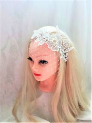 lace headband with veil, wedding hair accessories, bridal veil headband with rhinestone, bridal headpiece with veil