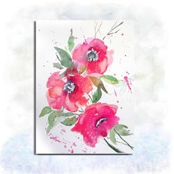 floral painting red flower original artwork watercolor art  12" by 8" by artmadeira