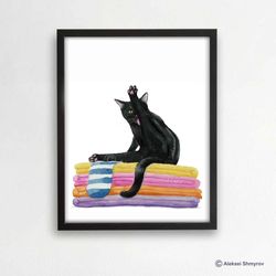 Bathroom Black Cat Art Print, Cat Decor, Watercolor Painting, Bathroom Art, Cat Lover Gift