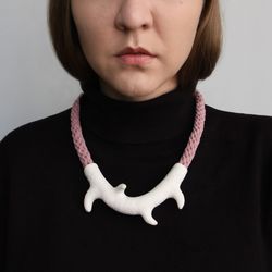 white branch necklace with pink cord, polymer clay and cotton contemporary jewelry, statement necklace