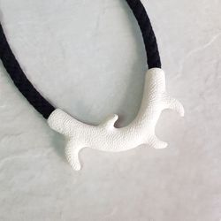 white branch necklace with black cord, polymer clay and cotton contemporary jewelry, statement necklace