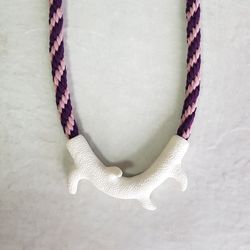 white branch necklace with pink and purple cord, polymer clay and cotton contemporary jewelry, statement necklace