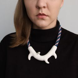 white branch necklace with pink and blue cord, polymer clay and cotton contemporary jewelry, statement necklace