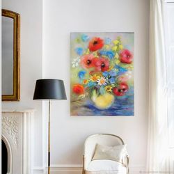 poppy, wall art, modern wool painting  art original  painting, painting from wool, wool watercolor,painting for gift,pai