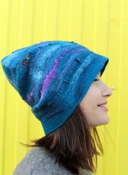 felt hat blue wave handmade slouchy beanie hat. kingfisher blue. gifts for women. warm lightweight two way merino wool