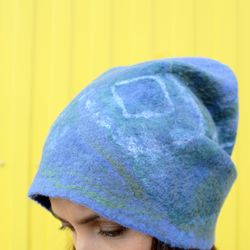 felt hat blue geometry handmade, beanie hat winter accessories unique design women hat, warm and lightweight two way