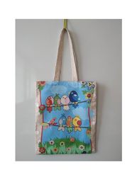 strong reusable beige tote bag, cotton canvas bag with birds