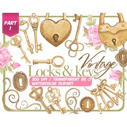 Watercolor locks and keys clipart set - Vintage wedding png