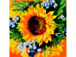 sunflower painting flower original art forget me not artwork floral wall art impasto oil painting small 8 by 8 inches