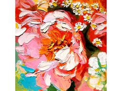 peony painting flower original art daisy artwork floral wall art impasto oil painting small 8 by 8 inches