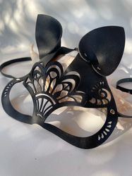 genuine leather mask, cat mask, play mask, bdsm mask, leather cat mask, whip and cake