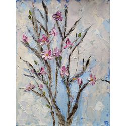 magnolia branches original oil painting blossom wall art abstract impasto painting flowers artwork 3d texture painting