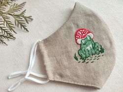 linen frog embroidered face mask