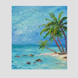 tropical beach painting seascape original art palm trees art ocean coast painting