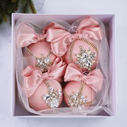 christmas rhinestones ornaments, handmade balls, xmas decorations, tree decor set, blush gold baubles