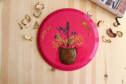 wooden crimson picture with dried flowers - pressed flowers on wood, eco gift, gift for mom