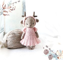 deer animal doll in pink dress, woodland decorative toy, cute gift for teenage girls, soft animal doll for nursery