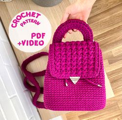 crochet backpack with lining, shoulder crochet bag, crochet pattern bag, download tutorial pdf video