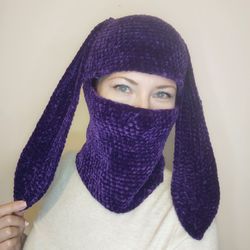 purple bunny balaclava crochet fluffy balaclava with bunny ears kawaii bunny hat for teens