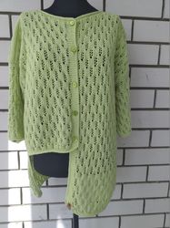 chunky green knitted cotton cardigan/cotton asymmetric jacket