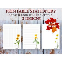 printable botanical letter writing paper, printable stationery, a4, letter, lined unlined, dot grid notes,