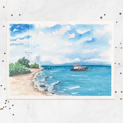 seascape painting ship wall art sea boat painting original watercolor painting 5x7