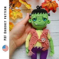 crochet halloween zombie doll pattern, amigurumi frankenstein monster by crochettoysforkids