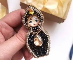 black nesting doll jewelry brooch, matryoshka beaded pin, babushka doll