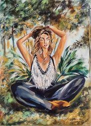 woman painting meditation original art portrait oil painting canvas wall art