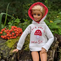 trendy hoodie for barbie, sweater with a funny inscription and applique for a doll, an everyday outfit for a doll.