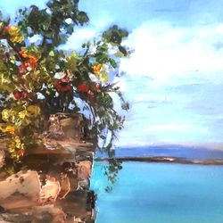 original oil painting "stone vase on the seashore" hand painted.