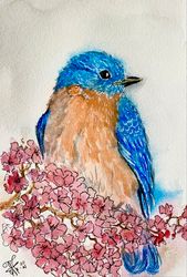 Blue Bird Painting Bird Original Art Watercolor Painting Small Wall Art Floral Artwork Bird Watercolor Art