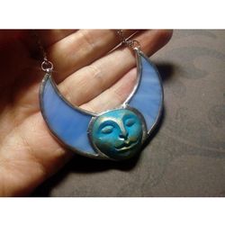 stained glass blue moon, moon goddess, moon phase necklace, stainglass crescent, full moon pendant, moon face necklace