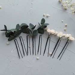 wedding greenery eucalyptus hair pins bridal babys breath hair piece white gypsophila wedding flowers bobby pins