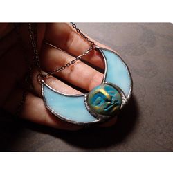 stained glass blue moon, moon goddess, moon phase necklace, stainglass crescent, full moon pendant, moon face necklace