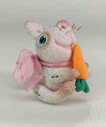 white miniature bunny with a carrot. animal miniature. rabbit toy. collectible toy. collectible figurine. gift ideas.