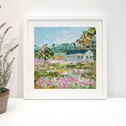 landscape painting meadow flowers original art field oil painting small wall ar