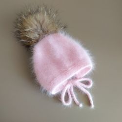 angora baby hat pompom pink bonnet girl, newborn girl hand knitted hat, fluffy hat for kids, winter hat,  baby knitwear