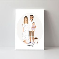 custom family portrait with pet, christmas illustration, first gift for mother day