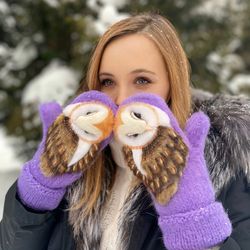 funny owl mittens made from natural wool. handknitted warm mittens. christmas gift. scandicraftru