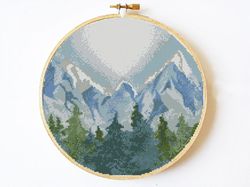 mountains cross stitch pattern, forest cross stitch pattern modern, nature embroidery needlecraft pattern, scenery cross