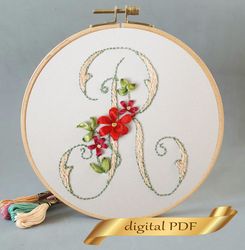 floral alphabet letter r pdf hand embroidery beginner flower monogram ribbon embroidery